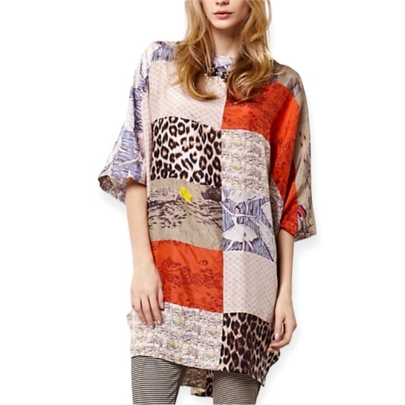 ANTHROPOLOGIE L.P.O. Laurence Maheo Silk Patchwork Tunic Dress Top Size M/L - Picture 1 of 10
